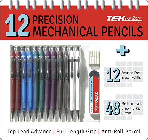 TEKWriter 12 Precision Mechanical Pencils and 48 Leads, 0.7mm Medium, Black, 12 Smudge Free Eraser Refills