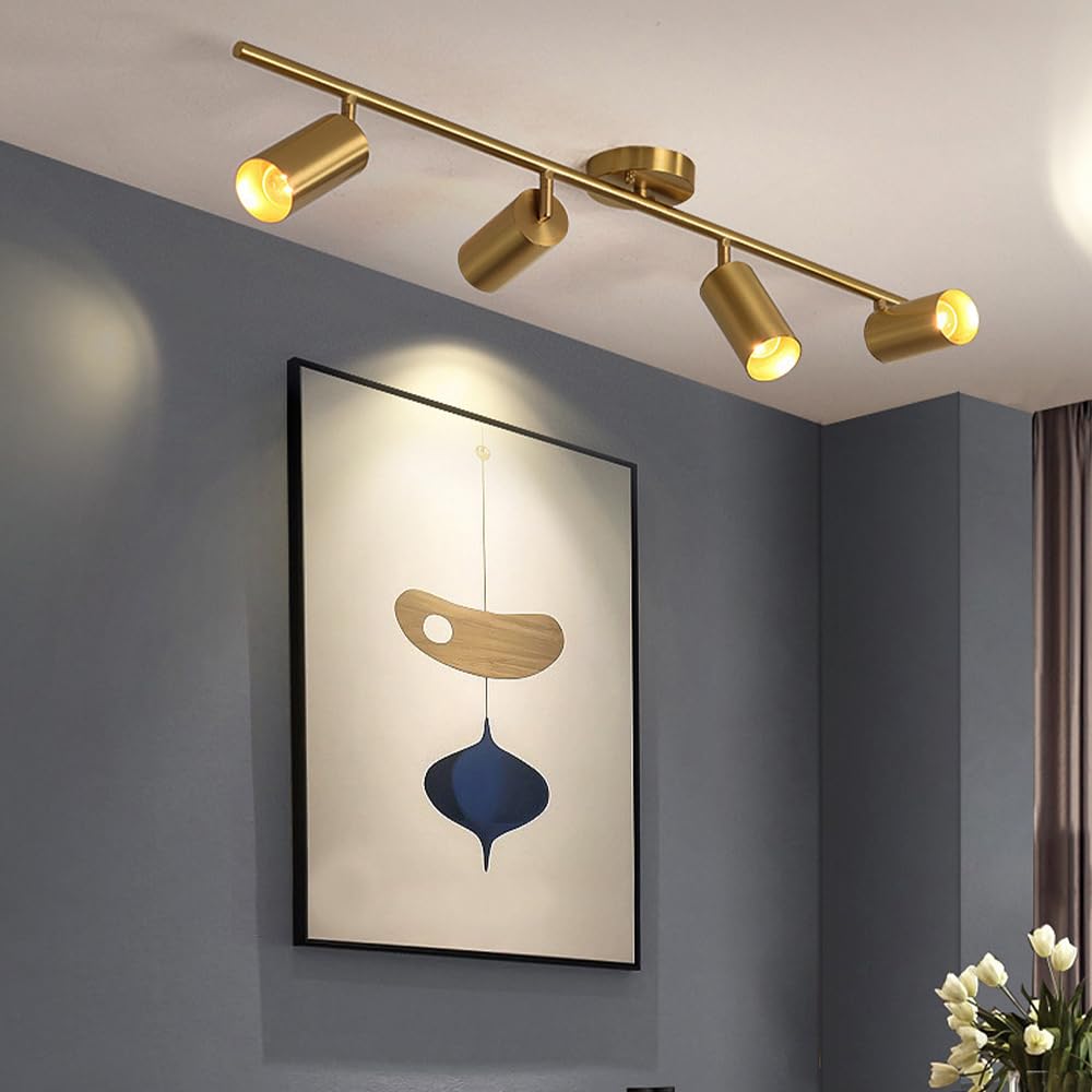Kit di Illuminazione A Binario Fisso con Faretti Dorati da Soffitto, Faretti Direzionali Gu10 Regolabili, Lampade D'Accento per Cucina, Soggiorno, Camera da Letto, Specch,4light