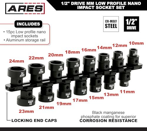 Image of ARES 29020 15-Pc 1 /2in Metric Nano Sockets, Low Profile, w /Rail