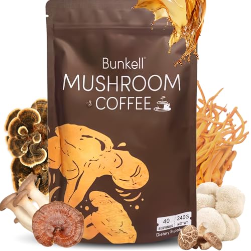 Bunkell Mushroom Coffee, Adaptogenic 6 Mushrooms with Lion's Mane, Reishi, Cordyceps, Shiitake, King Trumpet & Turkey Tail, Instant Coffee Powder for Energy, Digestion & Immune Support, 40 Servings