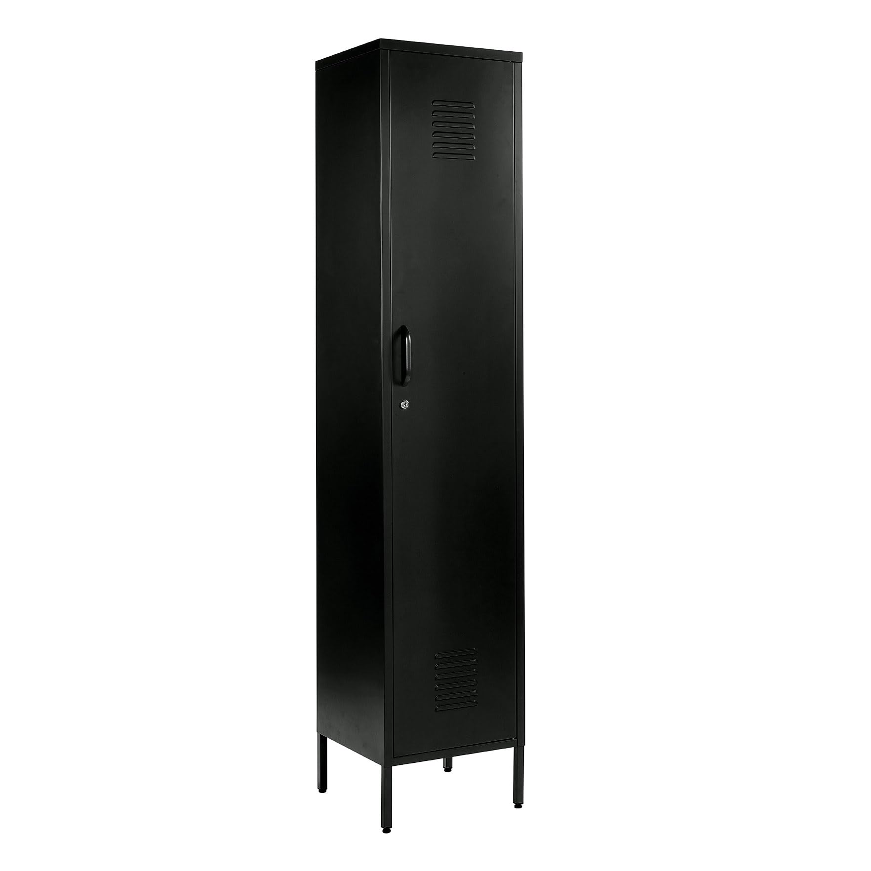 MMT Furniture Designs Ltd Metal Locker Cabinet in Black Orange Yellow Blue White Grey, Lockable Storage Cleaning Cupboard Slim One Door Wardrobe Industrial Style Shoe — image 1