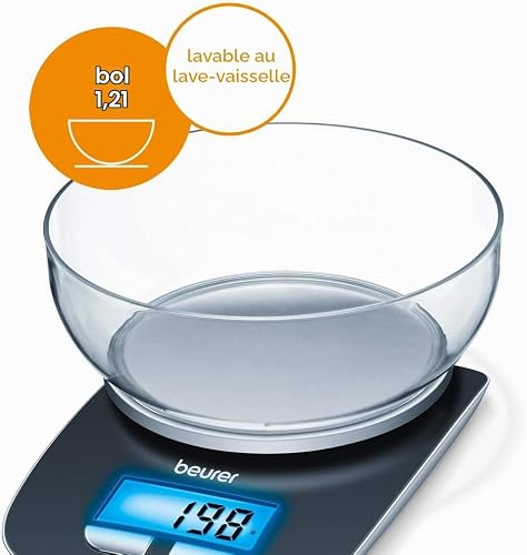 Beurer KS25 Digital Kitchen Scale | With 1.2l weighing bowl | Tare weighing function | Adjustable between kg, g, lb, oz | 3kg weight capacity, black - 3