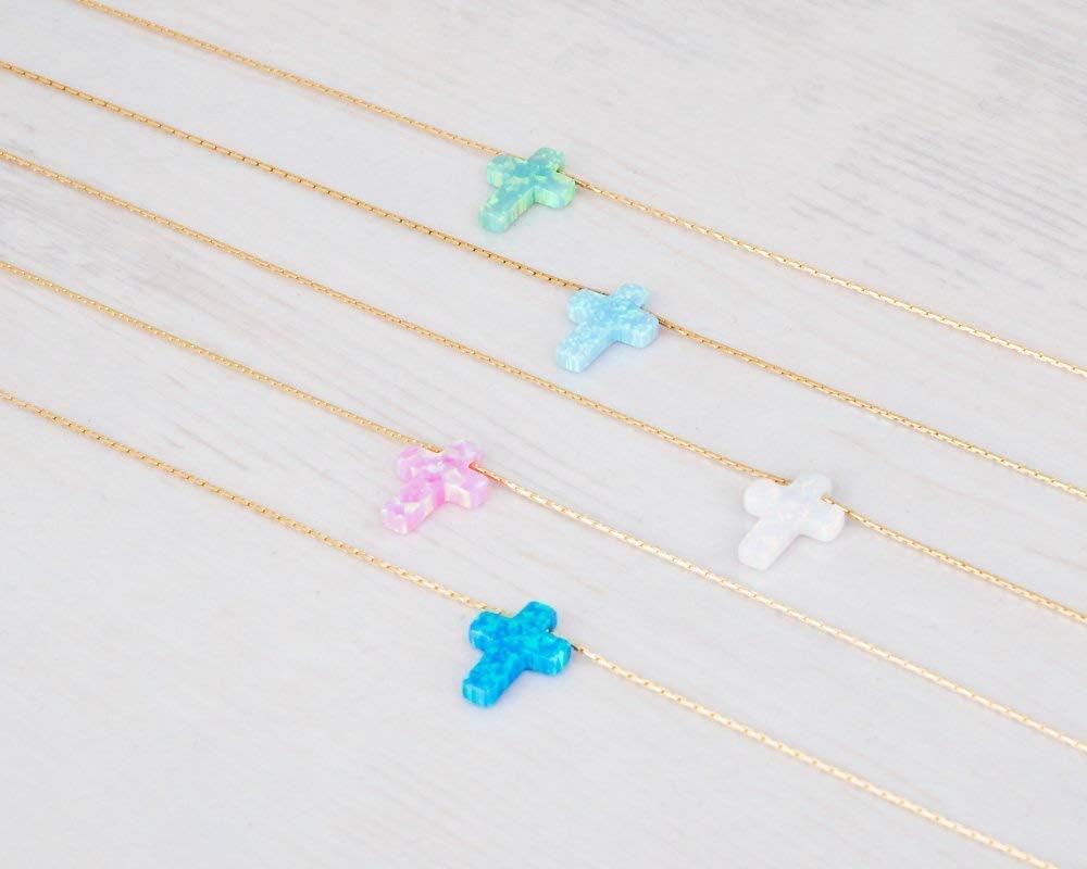 Opal Cross Choker Necklace – Thin Chain, Gold Filled or Silver, Blue or White, 13.5–16.5” - Image 8