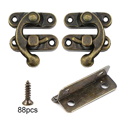 Antike Latch Hook Hasp Retro Verschluss Links/Rechts Horn Lock 10 Stück Antik Riegel Haken Verriegelung Verschlusshaken + 12PCS Kleine Box Scharniere mit Schrauben, Perfekt für Holzkiste Dekoration