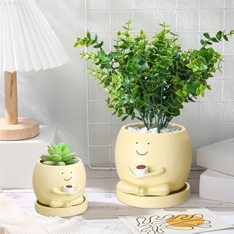 SiliFine 2 Pcs Smile Face Planters Pots with Drainage Hole, 6'' Head Planters 3.6'' Cute Resin Flower Pot for Indoor Plants, Succulent Pots for Plant Lover Gift(Coffee Cup) Cover
