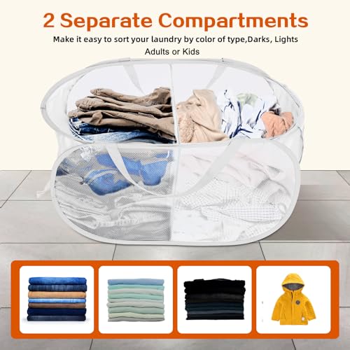 Image of Durable Collapsible Foldable Mesh Pop Up Laundry Basket, 2 Compartments Easy to Carry & Sort Clothes Hampers for Home, Dorm, Travel White