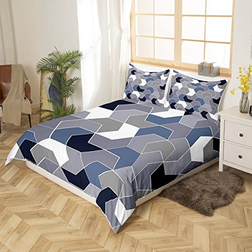 Geometric Ombre Blue Grey Comforter Cover, Chevron Herringbone Bedding Set Queen Size, Geometry Patchwork Art Duvet Cover For Kids Boys Girls Teens Adult,Luxury Soft Microfiber Bed Set Zipper Closure #TOP2