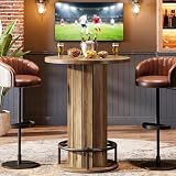 Tribesigns Round Bar Table, 39.4" H Wood Bistro Pub Table with Metal Ring Footrest for Dining Coffee Cocktail Living Room, Small Space, Brown(Only Table)
