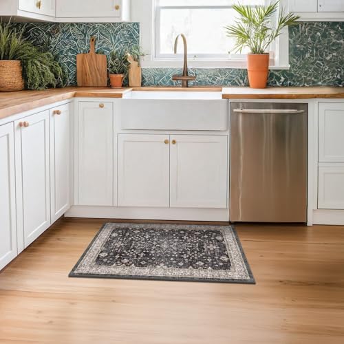 Black Washable 2x3 Entry Rug, Small Rugs for Entryway Kitchen Bathroom Door Mat Indoor Entrance, Non Slip Rubber Backing, Stain & Fade Resistant, Ashen Charcoal Floral Farmhouse Decor — view 2