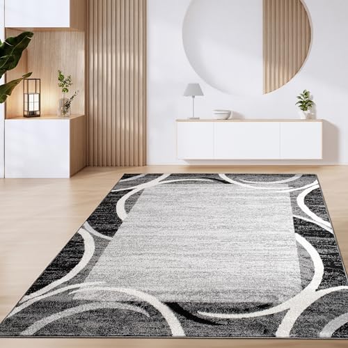 Paco Home Teppich Wohnzimmer Kurzflor Marokkanische Kreis Und Bordüren Muster Modern, Grösse:200x280 cm, Farbe:Grau 5