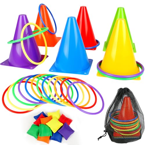 Aolso Outdoor-Spielsets, 31 Stück, 3 in 1 Wurfspiel, Ringwurfspiel, Gartenspiele im Freien, Kegelspiel, Plastikkegel, Sitzsäcke, Geburtstagsparty-Aktivitäten Drinnen und Draußen