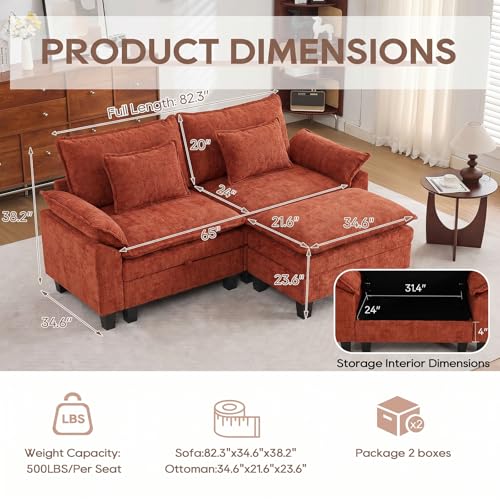 Image of IPKIG 82.3 inch Modular Cloud Couch with Storage, L Shaped Sectional Sofa with Ottoman & Pillow, Chenille Deep Seat Sectional Couches for Living Room, Apartment, Orange