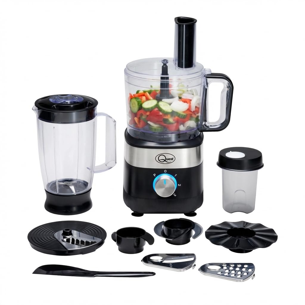 Quest 6-in-1 Food Processor - Chop, Blend, Slice, Shred, Grind & Knead - 2 Litre Bowl, 3 Speeds + Pulse, All Accessories Included, Dishwasher Safe