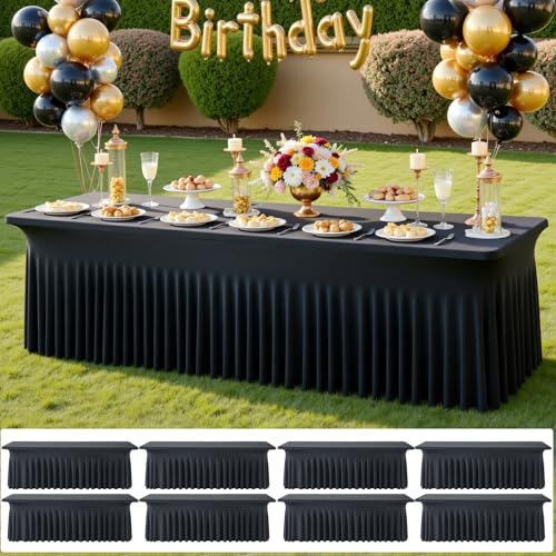 Image of 8 pk Black Spandex Tablecloth 8ft with Ruffled Skirt,Wrinkle Free High Stretch Fitted Tablecloths for 8 Foot Rectangle Tables,Pleated Elastic Spandex Table Covers 6ft for Parties Wedding Banquet