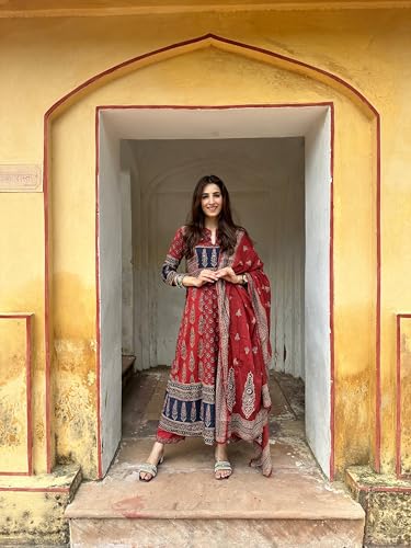 Image of GoSriKi Women's Rayon Viscose Printed Anarkali Kurta Pant with Dupatta Set | Flared Ethnic Kurta Set for Women | Comfortable Traditional for Festive, Casual and Daily Occasions