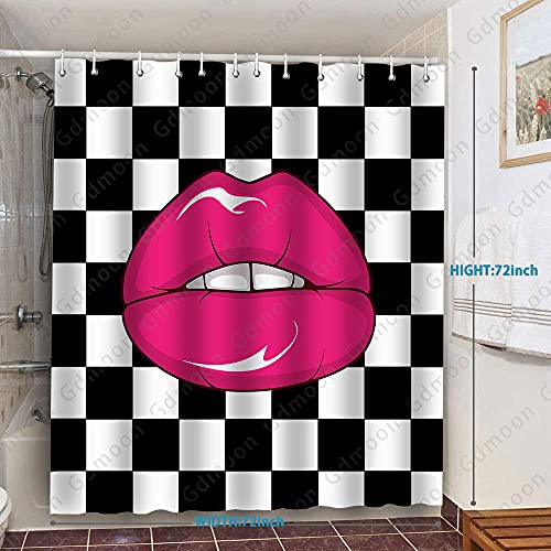 Gdmoon Pink Lips Shower Curtain Sexy Lips Art Black And White Checkered Background Makeup Fashion Lip Biting Woman Sexy Kiss Bathroom Curtain Set With 12 Hooks 72X72In Ylwhgd1104 #TOP1