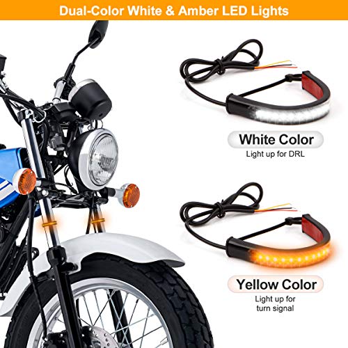 1 Pair Universal Motorcycle LED Fork Tail Brake Stop Turn Signal Daytime Running Light Flexible Switchback Dual-Color White & Amber 36LED Stip Lights kit Waterproof for Motorbike (2PCS, White & Amber) - Thumbnail 2