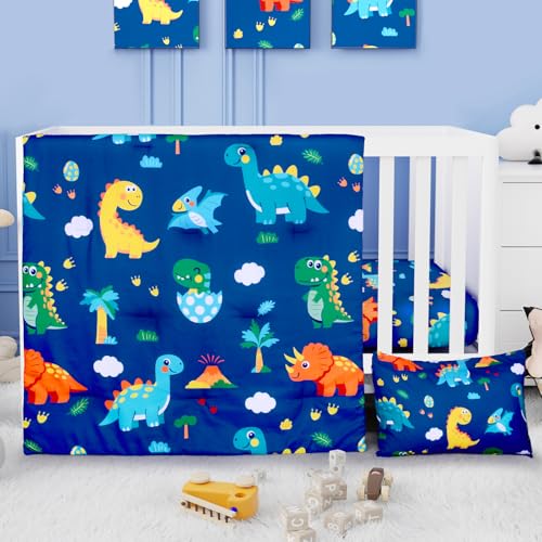 Image of Cloele Crib Bedding Set for Boys Girls- 3 Piece Dinosaur Baby Bedding Set Soft Comforter Bed Set Includes Toddler Pillowcase Crib Sheet Baby Quilt - Nursery Bedding Set for Boys-Colorful Dinosaur
