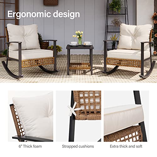Lausaint Home 3 Pieces Rocking Bistro Set, Outdoor Patio Furniture Set With Thick Cushions And 2-Tier Coffee Table, Oversize Rattan Conversation Sets For Garden, Balcony, Backyard (Beige) #TOP2