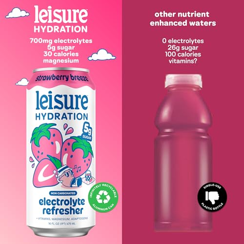 Image of Leisure Hydration Non-Carbonated Electrolyte Refresher, Strawberry Breeze - Low Sugar Nutrient Enhanced Water Beverage - Get The Best Hydration Packed w / Magnesium & Ashwagandha For Mood & Stress Support, Non-GMO, 16 oz (12-Cans)