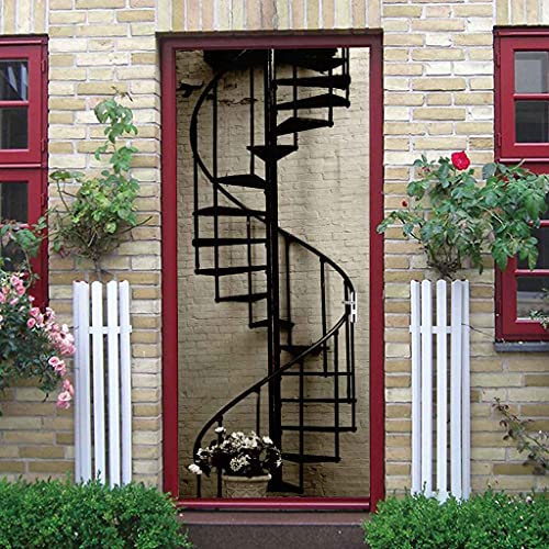 CBWRAW Stickers De Porte 3D Imperméable Auto-Adhésif Intérieure Art Décoration Trompe l'oeil Escalier en Colimaçon Noir Stickers Murale pour Adulte Enfant Salle Bain Salon Chambre Poster 90x200cm