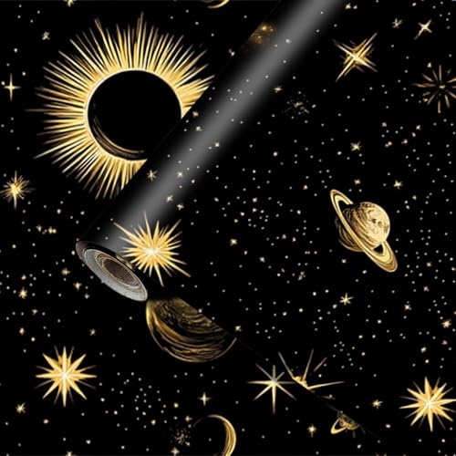 HOMETITUTE Stars Moon Planets Peel Stick Wallpaper 15.7x39.4 Black Decor