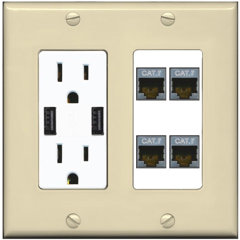 RiteAV 4 Port Cat7 Shielded Ethernet Wall Plate - USB Outlet [Black/Black]