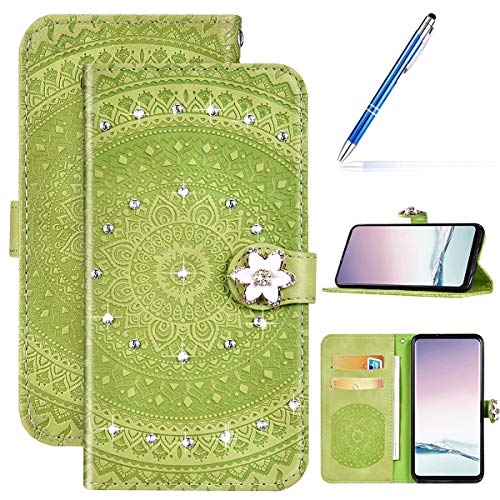 Robinsoni Case Compatible with Samsung Galaxy S8 Phone Case Wallet Galaxy S8 Leather Phone Cover Shockproof Glossy Diamond Case Flip Notebook Style Cover Heavy Duty Case Hard Case Mandala Grass Green