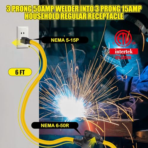 Image of Tellegloww 6ft NEMA 5-15P to 6-50R 15Amp to 50Amp Welder Extension Cord 5-15P Male to 6-50R Female 15Amp 3 Prong to 3 Prong Welder Power Adapter, STW 10 AWG /3C, ETL Listed