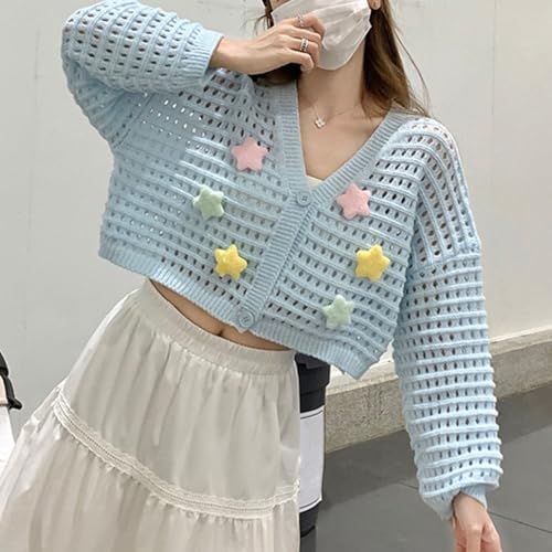 FindThy Women’s Crop Cardigan Sweater Cute V-Neck 3D Star Long Sleeve Hollow Out Button Up Knit Outerwear Tops2