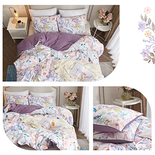 VM VOUGEMARKET Purple Floral Birds Duvet Cover Set,Botanical Flower Plants Pattern Bedding Set in Lilac with Zipper Closure No Comforter(3pcs, Queen Size)