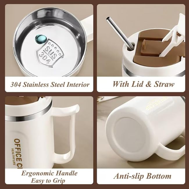 16oz Insulated Coffee Mug with Lid, Travel Coffee Mug with Handle, Stainless Steel Coffee Mug, Spill Proof Travel Mug, Double Wall Insulated Mug for Office Home, Straw & Spoon Include, Blue Lid