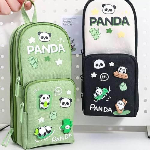Image of Canvas Kawaii Pencil Case 3 Compartment Cute Pencil Case for Girls Large Capacity Pen Pencil Pouch for Boy Smooth Zipper Multifunctional Stationery Organizer for School Office (HT BW Panda)