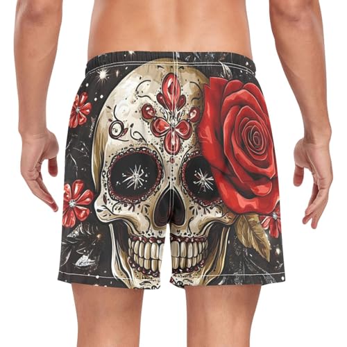 Mens Swim Trunks with Liner, Skull Red Rose Gothic Cool Quick Dry Beach Swim Shorts, Swimwear Bathing Suits S2