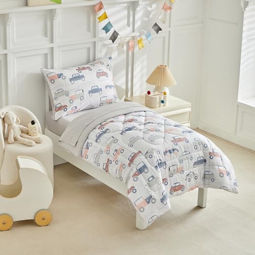 Image of JHXHMX Car Toddler Bedding Set for Boys,4 Piece Bed-in-a-Bag Toddler Comforter Set,Soft Crib Bed Set Including Comforter,Flat Sheet,Fitted Sheet and Pillowcase-Gray