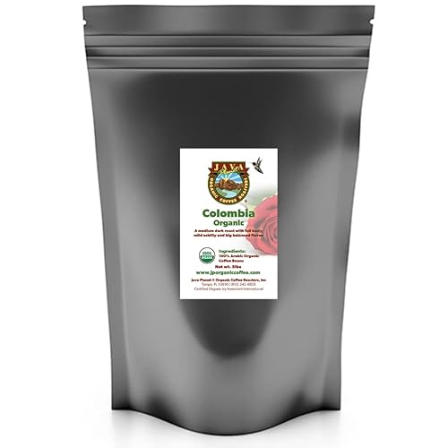Java Planet Café bajo en ácido, orgánico colombiano de origen único grano entero tostado oscuro medio, grano de café suave con sabor completo, bolsa