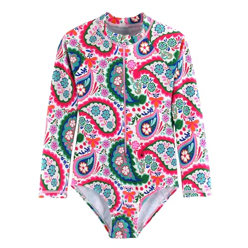 Girls Long Sleeve One Piece Swimsuit Rash Guard Swimwear Zipper Quick Dry Bathing Suits Sun Protection UPF 50+ (Ages 4-12)