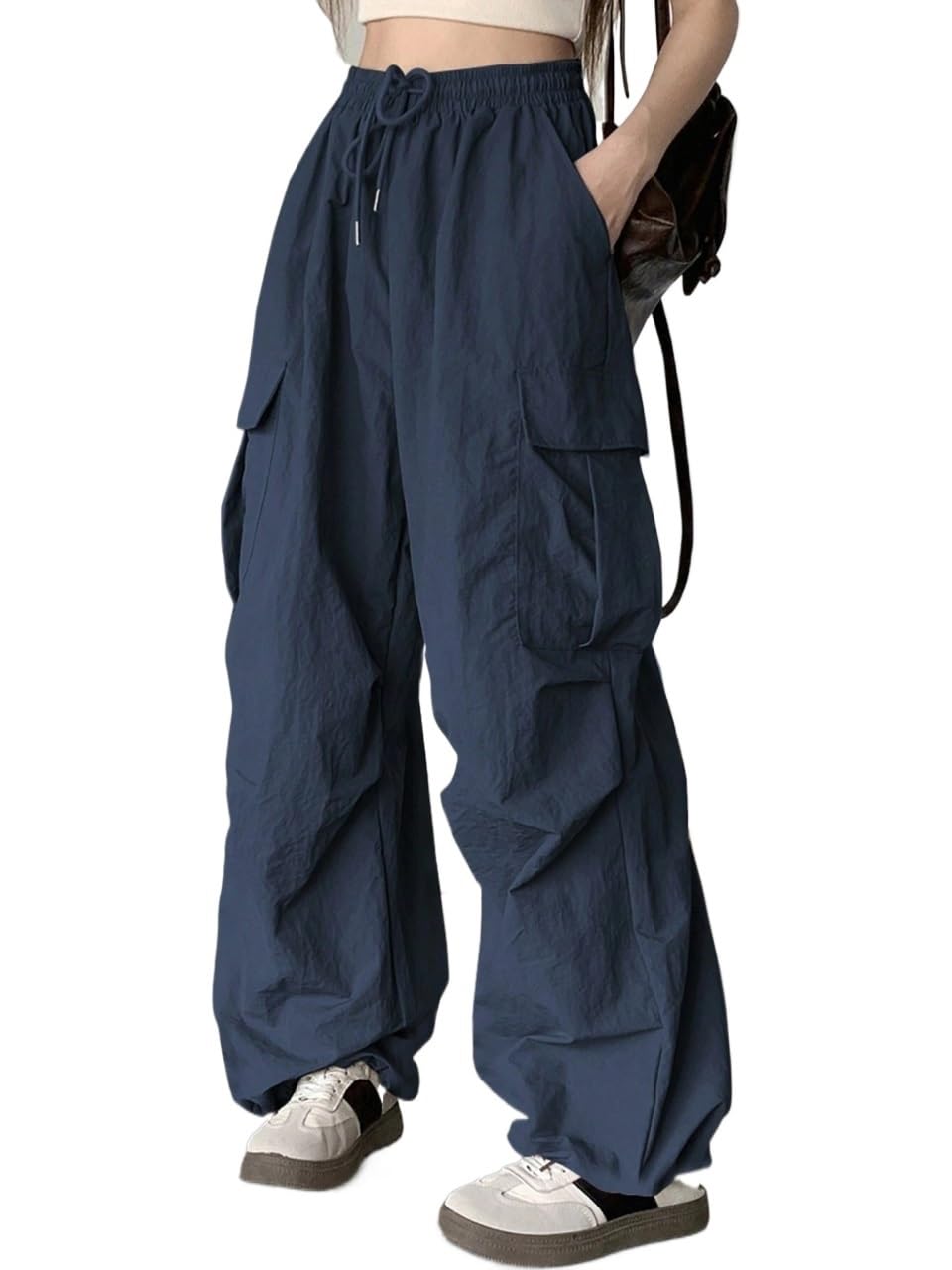 Womens Fall Casual Solid Color Drawstring Waist Wide Leg Cargo Pants Trousers