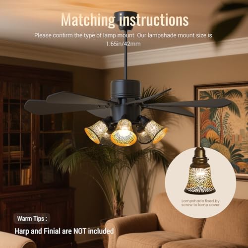 Image of 4 Pcs Laser Cut Metal Covers, Antique Bronze Chrysan Ceiling Fan LampShades | Size: 2.16 inch Top x 4.72 inch Bottom x 4.72 inchH. UNO fitter lamp shades. Laser-cut design decorative chrysanthemum light patterns.