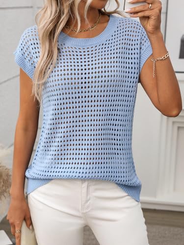 Image of Womens Crochet Cap Sleeve Sweater Summer Crew Neck Casual Hollow Out Knit Tops Pullover Trendy Beach Cover Ups Outfits