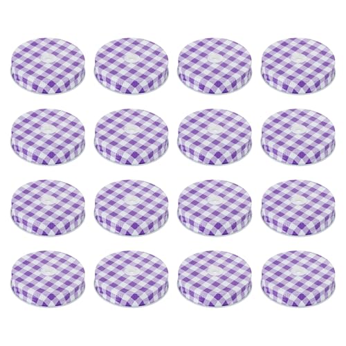 Image of HARFINGTON 16pcs Mason Jar Lids 2.76" Tinplate Regular Mouth Reusable Mason Canning Covers with Straw Hole for Storage Bottle Water Bottle and Jars, Purple Gingham