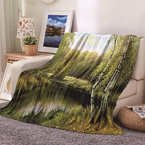Plaid couverture polaire flannel KnSam 100x150cm au motif de lac et d'arbres verts - 2