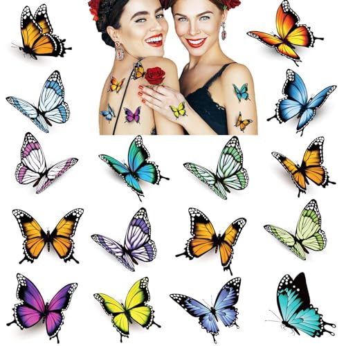 32 feuilles Tatouages de Papillon pour les femmes, Tatouages Temporaires 3D Body Art, Imperméables Faux Autocollants de Tatouage, Cadeaux de Fête pour Enfants