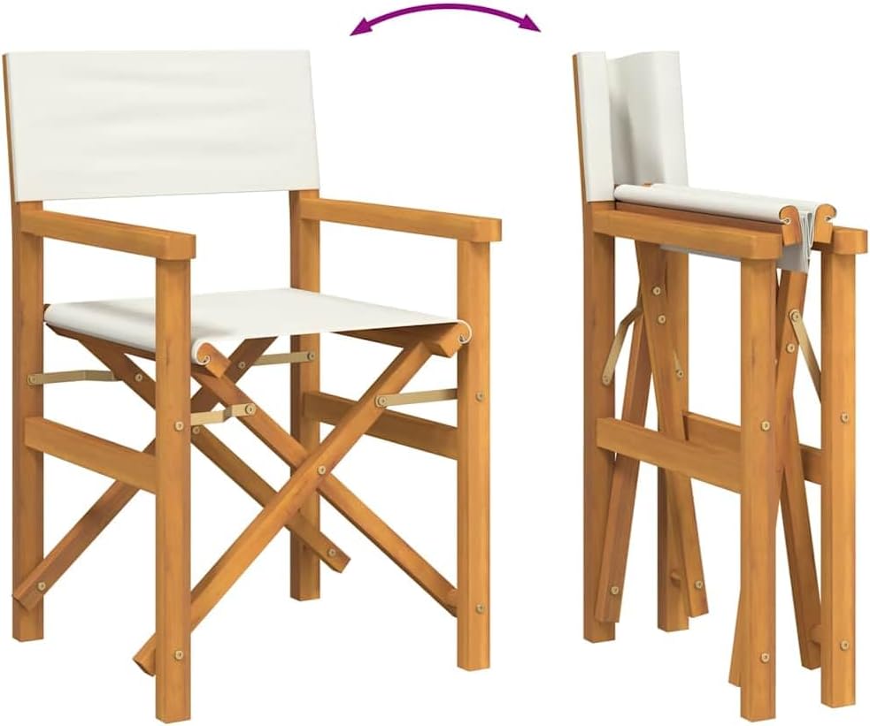 Folding Director Sling Chair, Solid Teak Wood Frame, Cream Polyester Seat, Outdoor Patio Porch Garden Dining, 242 lbs Capacity