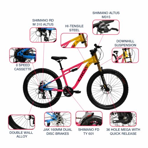 Image of CROW - Rookie PRO 24 Speed | 26 inch Mountain Bicycle for Men with Down Hill Suspension Fork | Jak Dual disc Brakes | 24 Speed Gear Cycle for Boys with 5 to 5.4FT | 26 INCH Unisex MTB