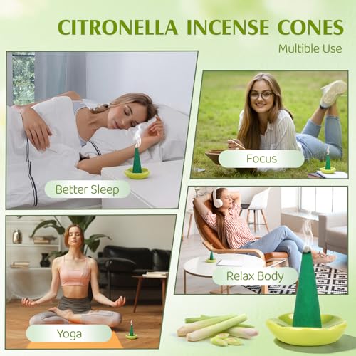 Citronella Räucherkegel 90 Stück mit 2 Haltern,Natürliches Zitronengras Räucherwerk mit Citronella Öl,Lange Brenndauer für Garten,Terrasse, Balkon,Camping & Grillabende