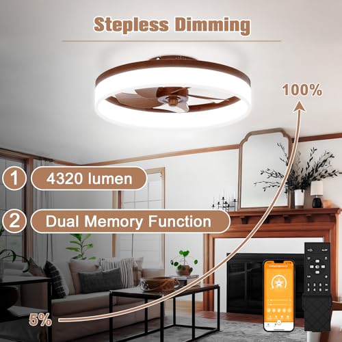 VOLISUN Farmhouse Ceiling Fans with Lights and Remote, 19.7in Low Profile Ceiling Fan Flush Mount, 3000K-6500K Dimmable Bladeless LED Fan Light, Fandelier Ceiling Fans with Lights for Bedroom(Walnut)