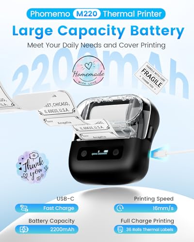 Image of Phomemo Label Maker, M220 Thermal Label Printer | 3 Inch Bluetooth Barcode Printer Compatible with Andriod / iOS for Home, Office, Small Business, with 3 Packs Label & Case