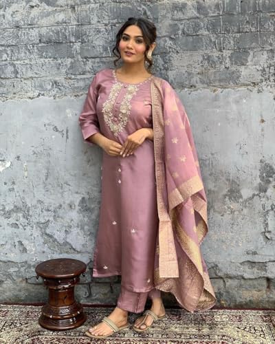 Image of Shiv Textiles Women's Chanderi Silk Embroidered Kurta Pant Dupatta Set(JDA-Vanni-Onion-M)