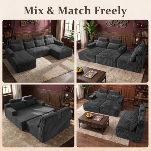 Image of Boneless Couch for Living Room, 113 inch Oversized U Shaped Modular Cloud Sofa with Deep Seat, 6 Seater Convertible Memory Foam Couches, No Assembly Plush Corduroy Sofa (Grey)
